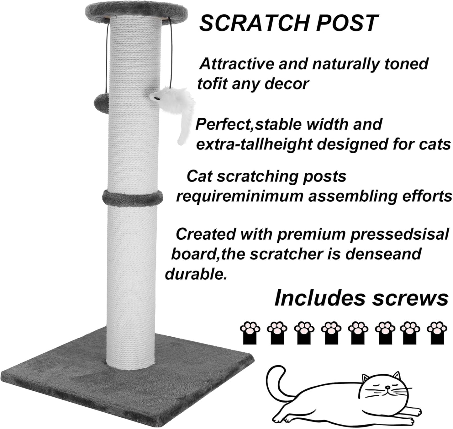 Cat Scratching Post 34 Inches Heavy Duty and Thicker Cat Scratching Post Sisal Rope with Hanging Ball and Mice Scratching Post for Indoor Cats and Adult(Grey)
