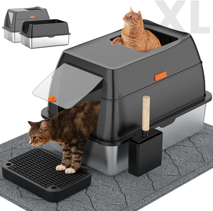 Stainless Steel Litter Box with Lid,Front Entry Top Exit Kitty Litterbox,Extra Large Enclosed Metal Cat Box with Litter Scoop & Litter Mat-Black