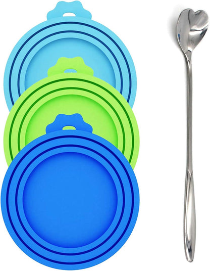 Pet Food Can Lids, Silicone Can Lids Covers for Dog and Cat Food, Universal Size Fits All Standard Size Dog and Cat Can Tops (3 Pack & Spoon, Multi-Colored)