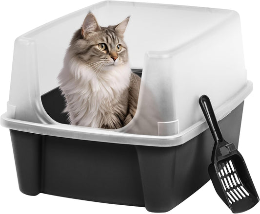 IRIS USA Large Open Top Cat Litter Box with High Sides, Scatter Shield & Scoop, Black - Easy Clean Plastic Litter Pan for Indoor Cats, Kittens or Multicat Homes