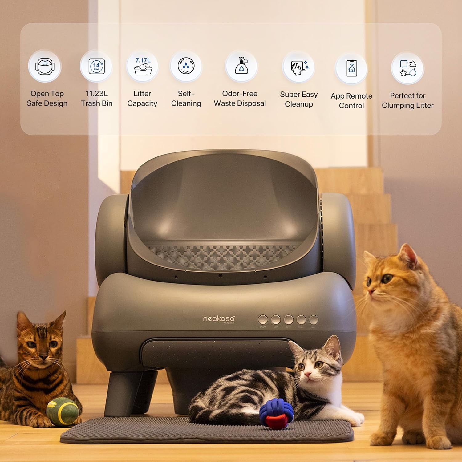 M1 Open-Top Self Cleaning Cat Litter Box, Automatic Cat Litter Box with APP Control, Odor-Free Waste Disposal Includes Trash Bags