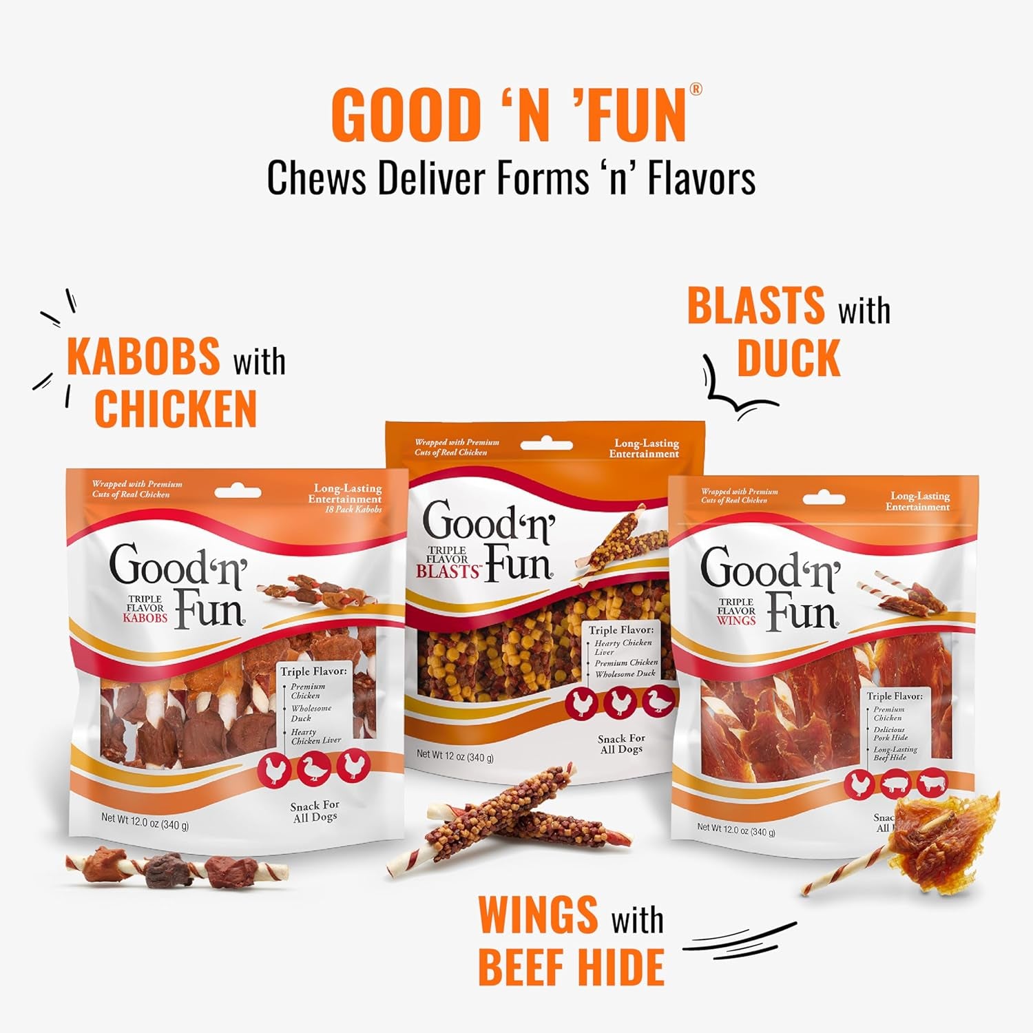 Good ‘N’ Fun Triple Flavor Kabobs Chews for All Dogs, 24 Ounces, Treat Your Dog to Chews Made from Beef Hide, Real Chicken, Pork Hide, Duck and Chicken Liver