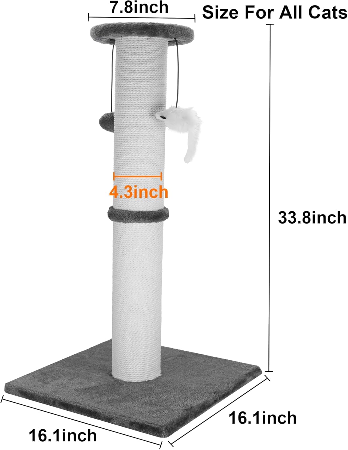 Cat Scratching Post 34 Inches Heavy Duty and Thicker Cat Scratching Post Sisal Rope with Hanging Ball and Mice Scratching Post for Indoor Cats and Adult(Grey)