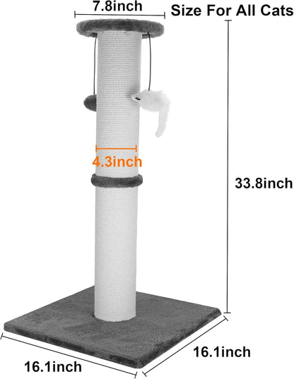 Cat Scratching Post 34 Inches Heavy Duty and Thicker Cat Scratching Post Sisal Rope with Hanging Ball and Mice Scratching Post for Indoor Cats and Adult(Grey)