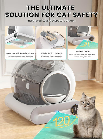 Automatic Litter Box, Upgraded Robot Self Cleaning Litter Box for Multiple Cats, 65L+9L Extra Large, Features Negative Ion Sterilization and Deodorization, APP Control, 3 Rolls Litter Bag Liners