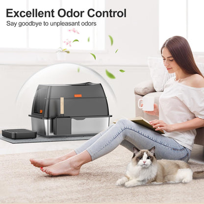 Stainless Steel Litter Box with Lid,Front Entry Top Exit Kitty Litterbox,Extra Large Enclosed Metal Cat Box with Litter Scoop & Litter Mat-Black