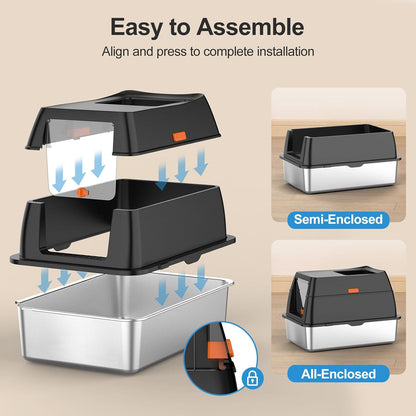 Stainless Steel Litter Box with Lid,Front Entry Top Exit Kitty Litterbox,Extra Large Enclosed Metal Cat Box with Litter Scoop & Litter Mat-Black