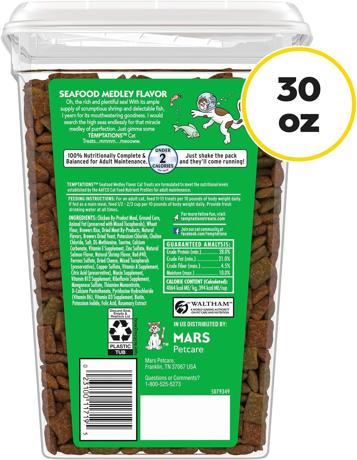 Classic Crunchy and Soft Cat Treats, Seafood Medley Flavor, 30 Oz. Tub