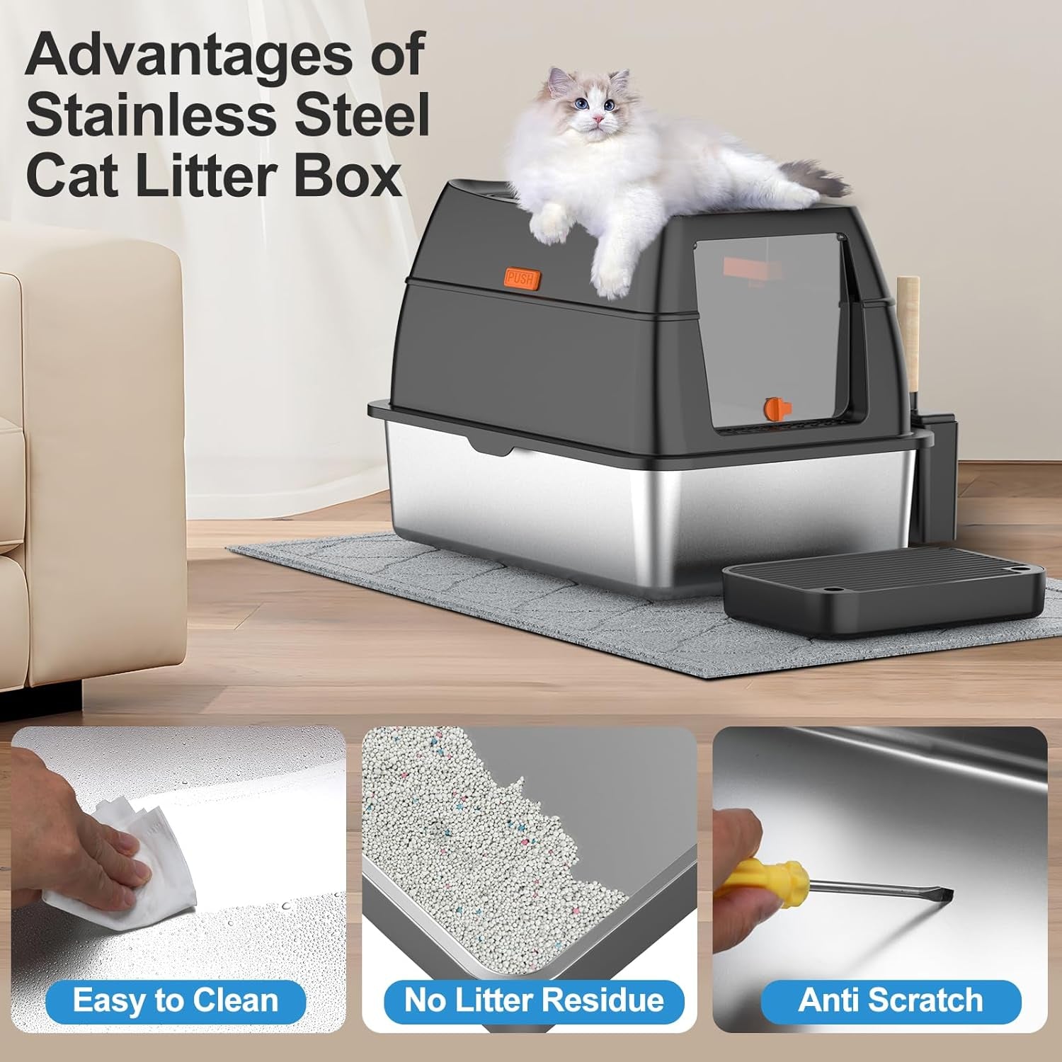 Stainless Steel Litter Box with Lid,Front Entry Top Exit Kitty Litterbox,Extra Large Enclosed Metal Cat Box with Litter Scoop & Litter Mat-Black