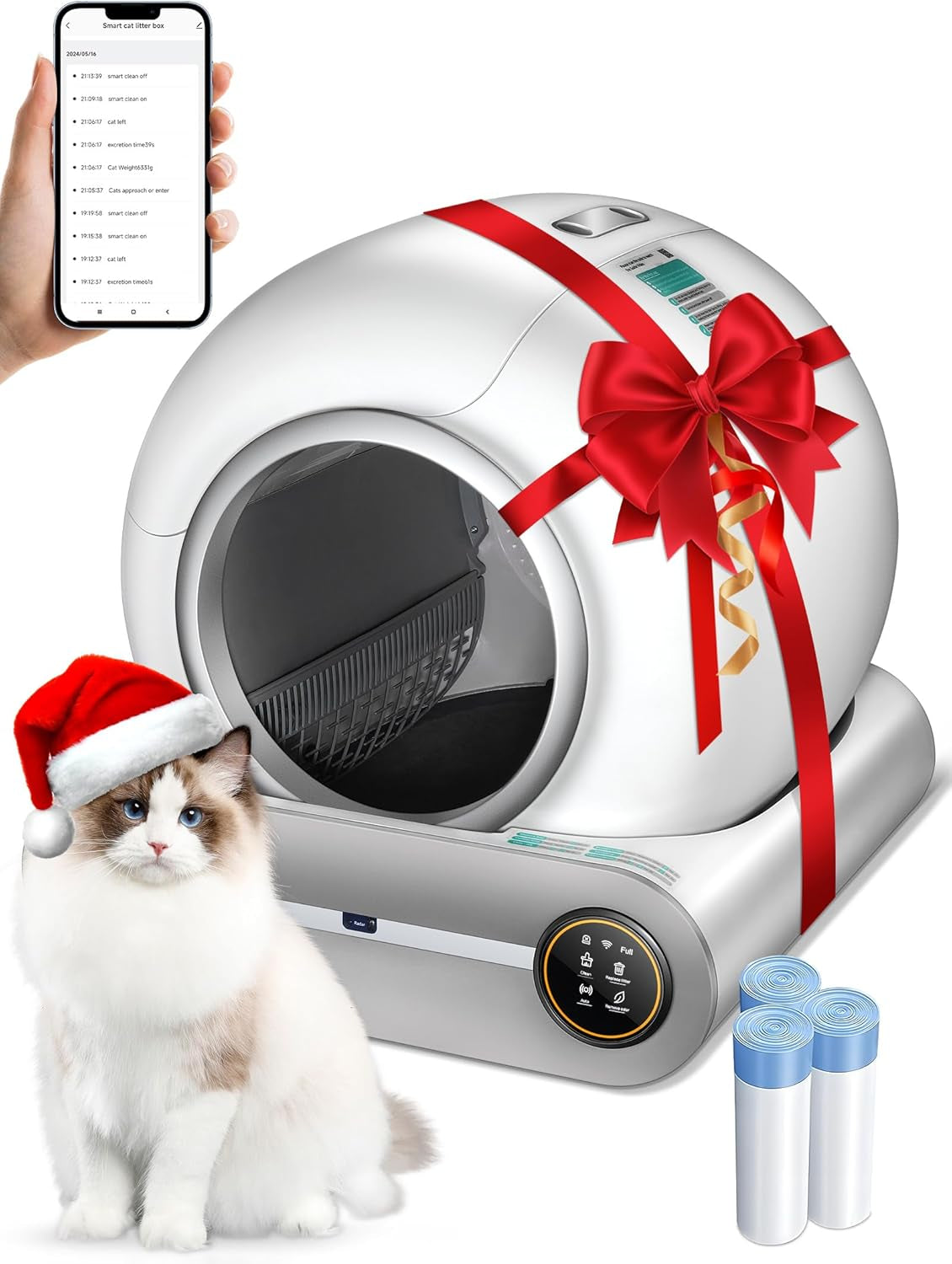 Automatic Litter Box, Upgraded Robot Self Cleaning Litter Box for Multiple Cats, 65L+9L Extra Large, Features Negative Ion Sterilization and Deodorization, APP Control, 3 Rolls Litter Bag Liners