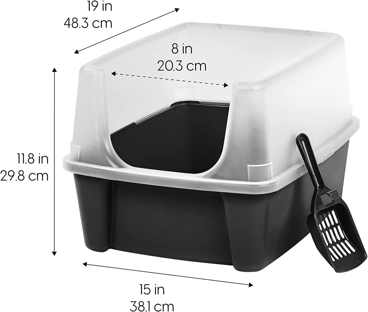 IRIS USA Large Open Top Cat Litter Box with High Sides, Scatter Shield & Scoop, Black - Easy Clean Plastic Litter Pan for Indoor Cats, Kittens or Multicat Homes