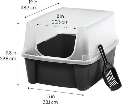 IRIS USA Large Open Top Cat Litter Box with High Sides, Scatter Shield & Scoop, Black - Easy Clean Plastic Litter Pan for Indoor Cats, Kittens or Multicat Homes