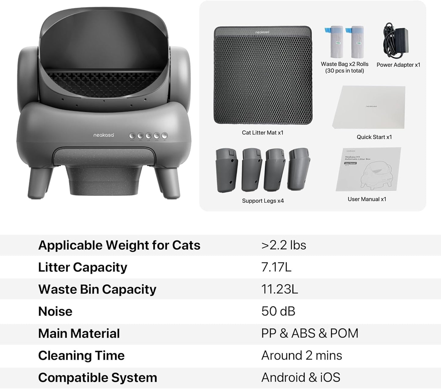 M1 Open-Top Self Cleaning Cat Litter Box, Automatic Cat Litter Box with APP Control, Odor-Free Waste Disposal Includes Trash Bags